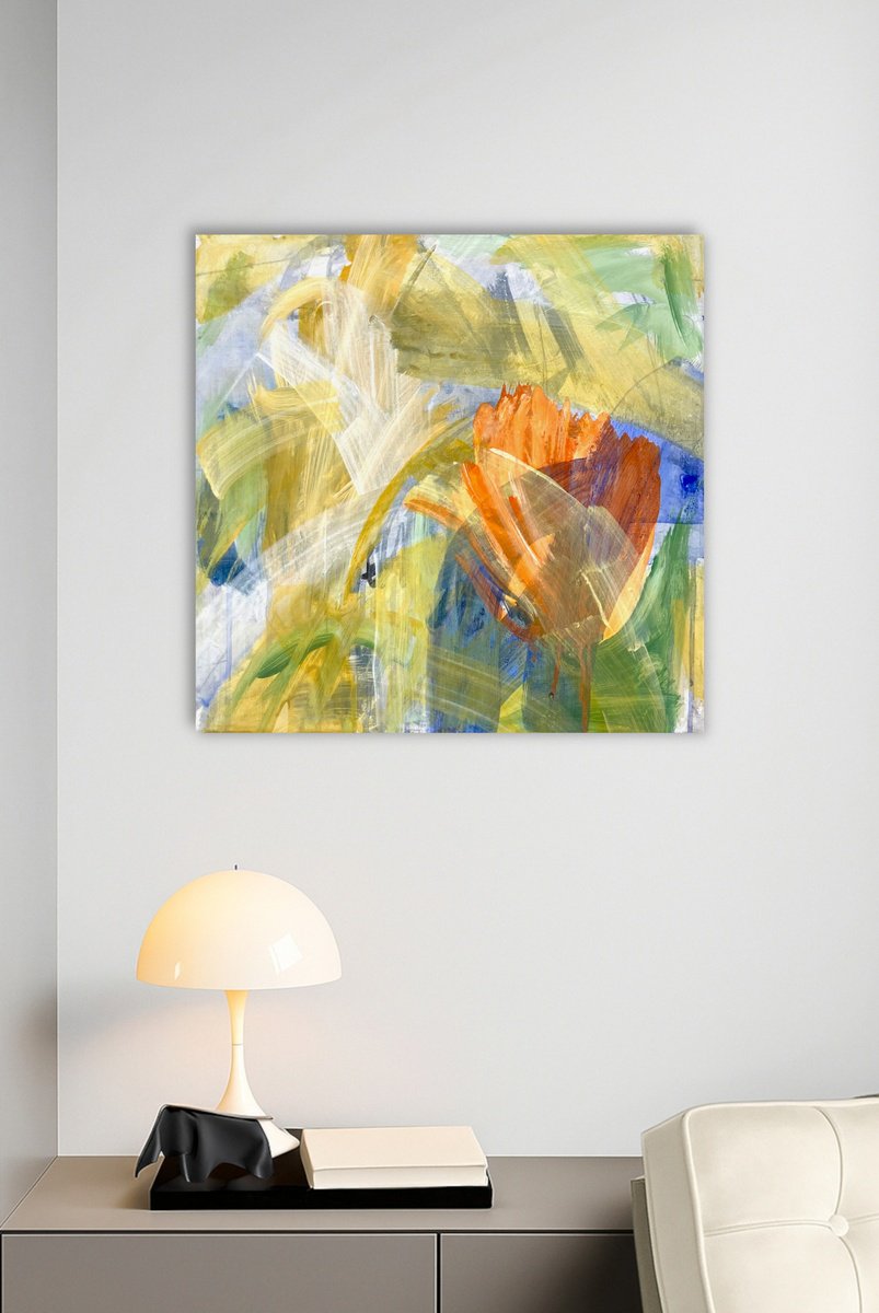 Abstract Acrylic Painting By Jutta Rika Bressem, 16 X 16", Deconstructive Flowers 2, Original Artwork