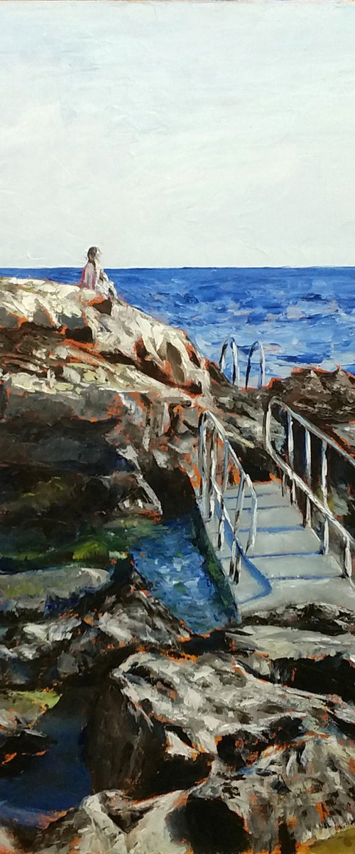 Pure joy - large seascape painting with girl sitting on the rocks, with silence and inner joy by Leonid Plekhanov