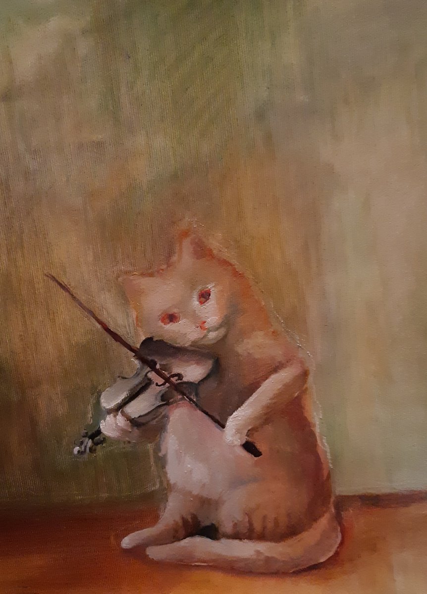 Expressive Animal Oil Painting By Viktoria Deri, 12 X 15", Cat Music /Violin/, Original Artwork