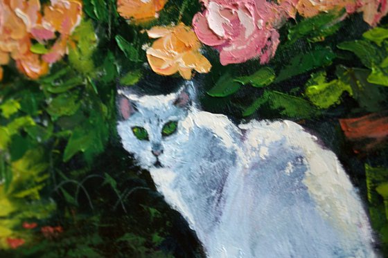 Roses and cat... /  ORIGINAL PAINTING