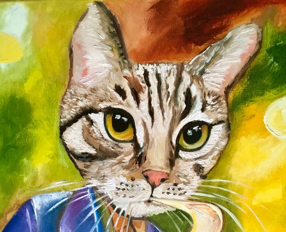 Cat  Saxophonist, musician, feline art for cat lovers