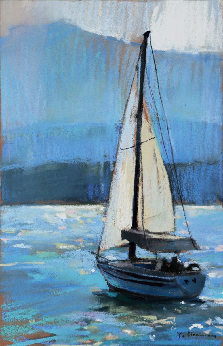 Seascape - Boat - Sunny day - Pastel drawing by Yuliia Meniailova