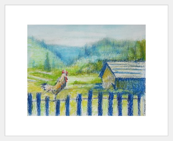 Rooster. Mountains landscape