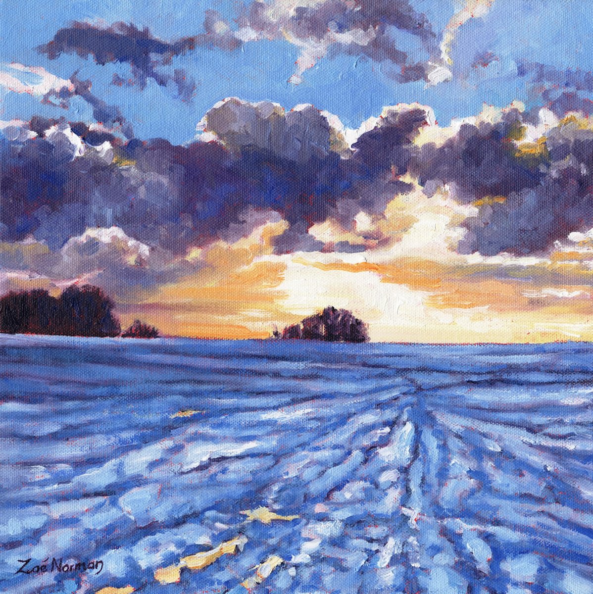 Impressionistic Landscape Oil Painting By Zoe Elizabeth Norman, 12 X 12", Winter Glow - Snow At Sunset, Original Artwork