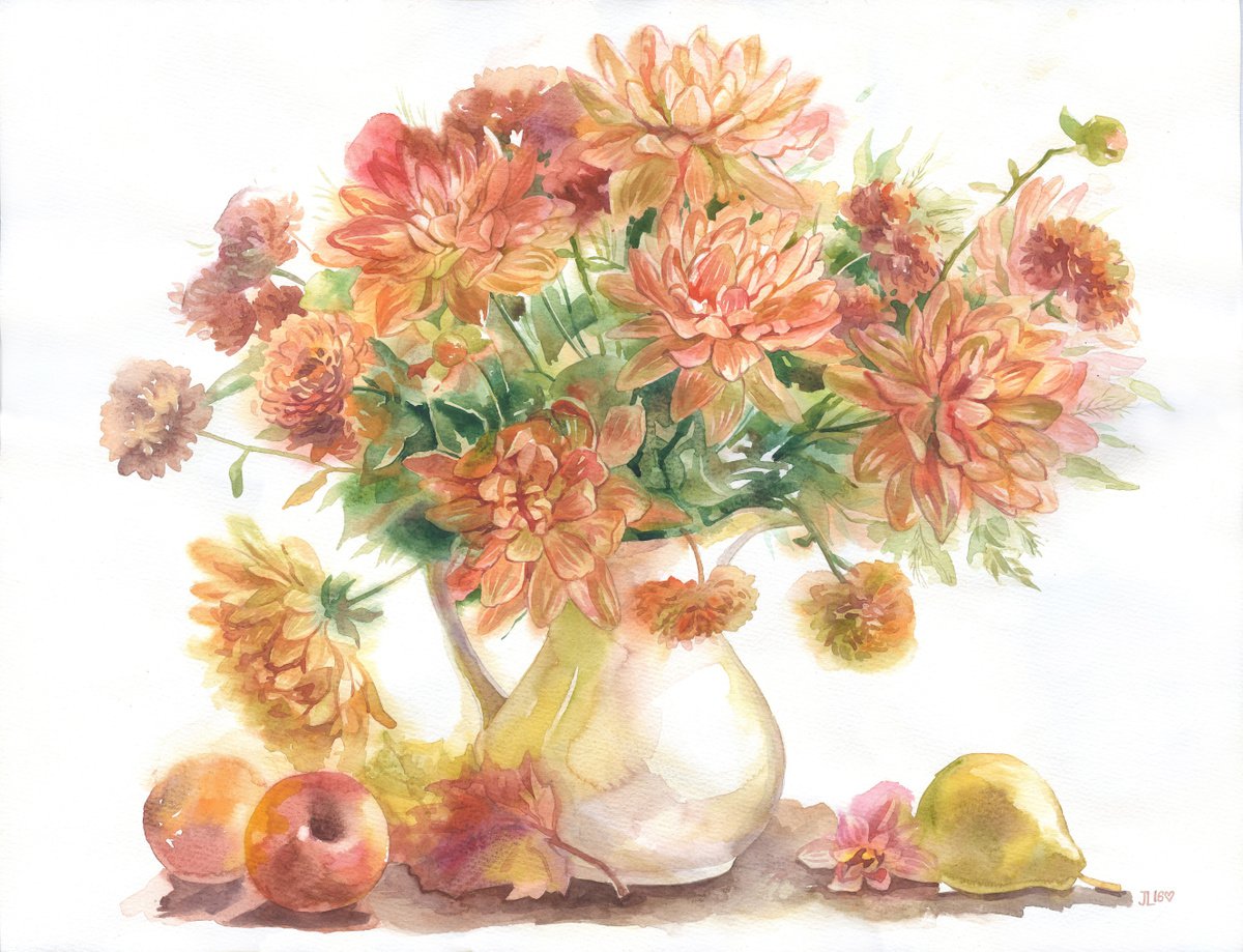 Orange flowers original watercolor painting gift for her flower floral by Julia Logunova
