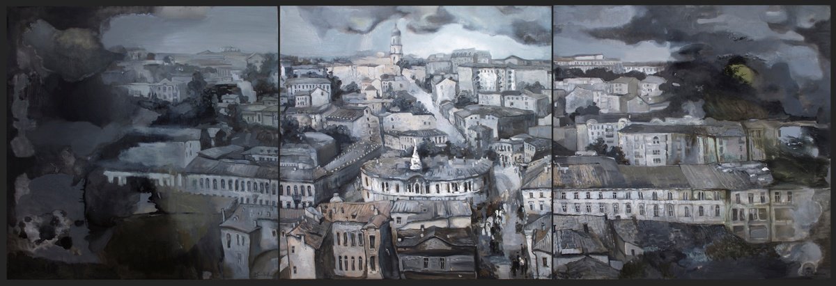 Urban And Pop Cityscapes Oil Painting By Anastasiia Grygorieva, 118 X 39, Kyiv Through The Century, Original Artwork