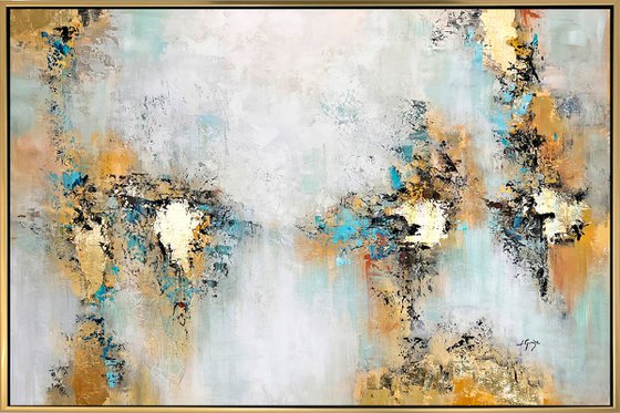 Awake - White Abstract Gold Teal Painting Original, Large Size, Gold Leaf, Sky, Living Room Art, Wall Art Decor Size: 48"x32" (120x80 cm)