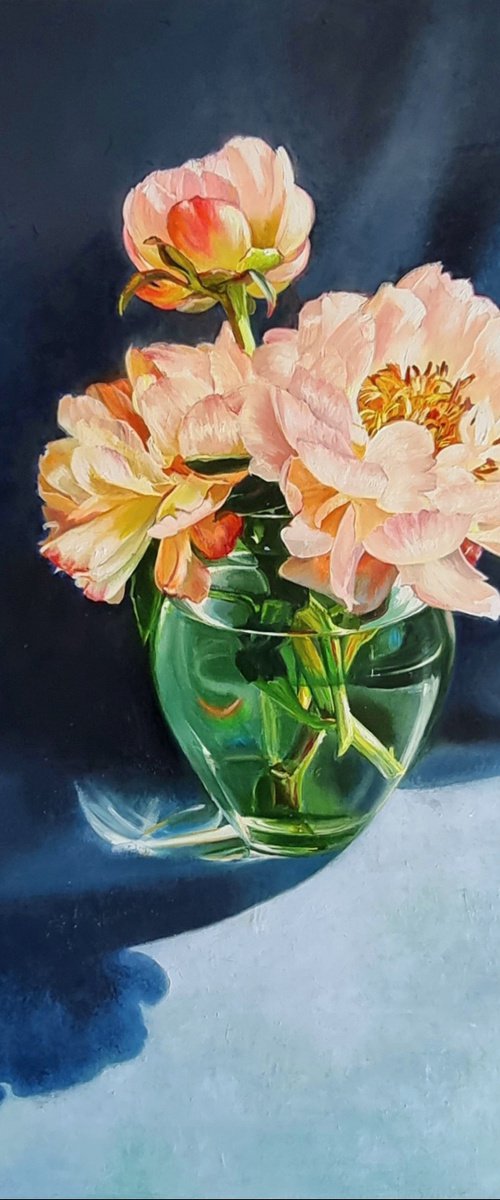 "Coral flashes. " peonies  flower  liGHt original painting  GIFT (2021) by Anna Bessonova (Kotelnik)