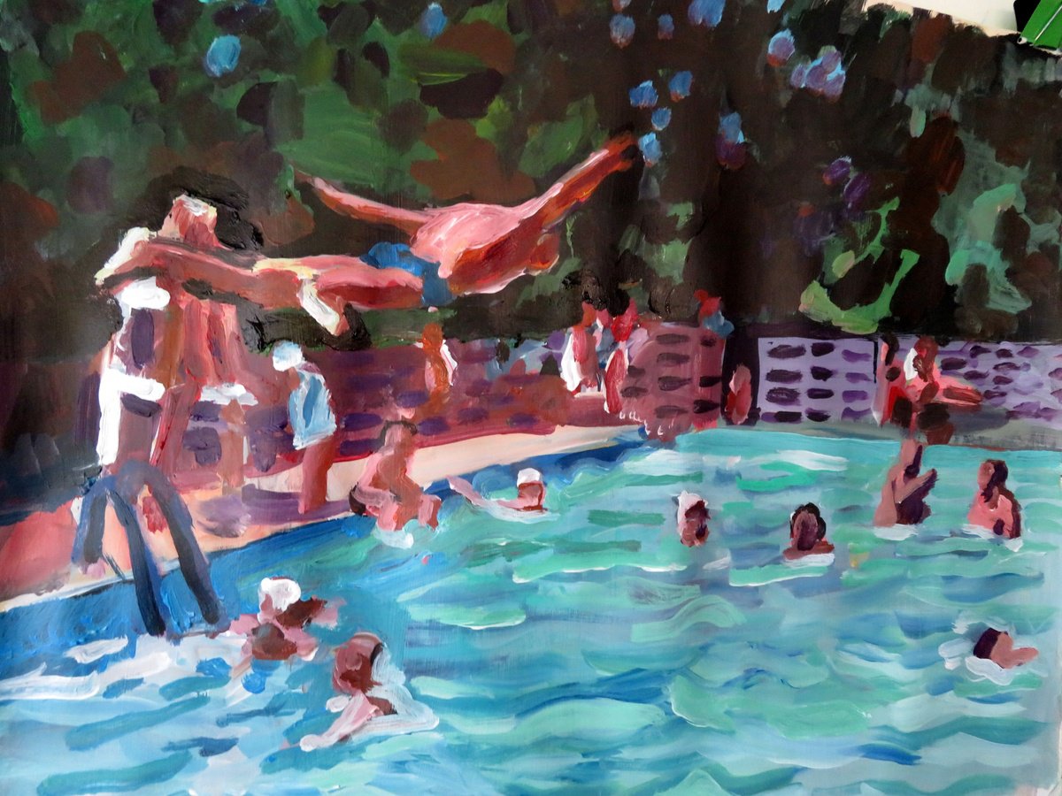 Impressionistic Landscape Acrylic Painting By Stephen Abela, 28 X 22", Swimming Pool With Diver, Original Artwork