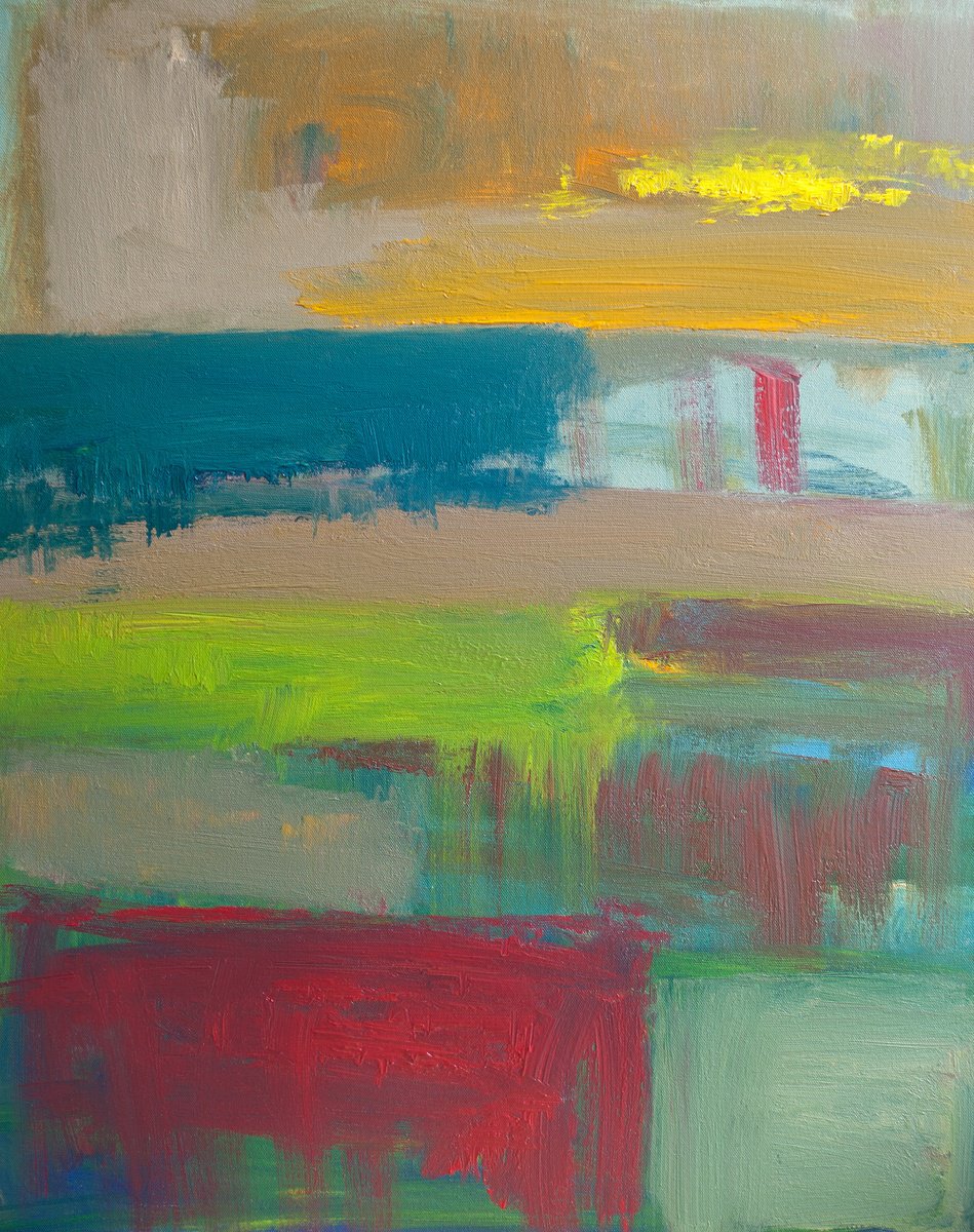 Abstract Landscape Oil Painting By Thomas Hjelm, 25 X 31", Amber Solaris, Original Artwork