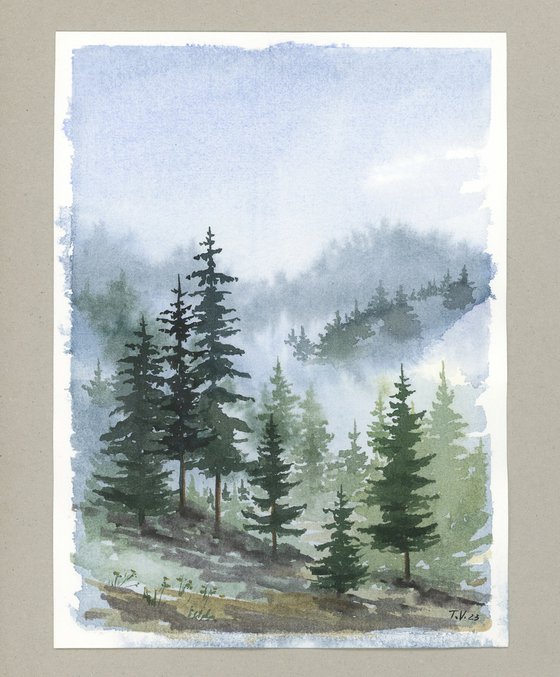 Foggy Forest. Watercolor painting. Original Art. 6 x 8