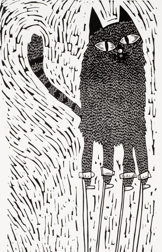 Big cat on stilts - lino cut print