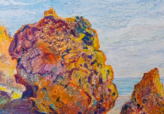 Sunlit Coastal Cliffs with Dogs