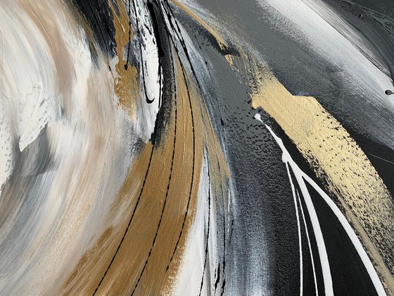 Wild and Free - XL LARGE;  GOLD, BLACK & WHITE ART; MODERN ABSTRACT ART – EXPRESSIONS OF ENERGY AND LIGHT. READY TO HANG!