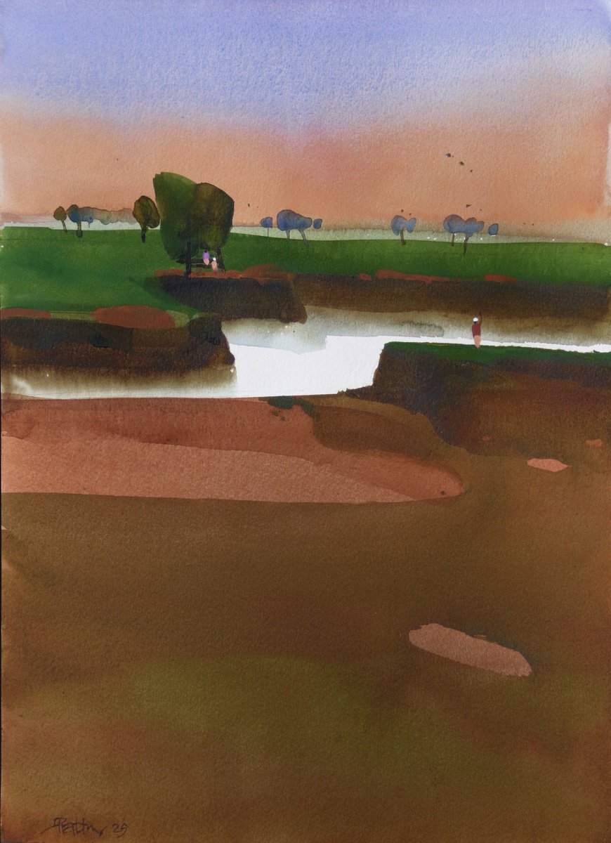 Impressionistic Landscape Watercolour By Prashant Prabhu, 11 X 15", Canal Glimmers At Dawn, Original Artwork