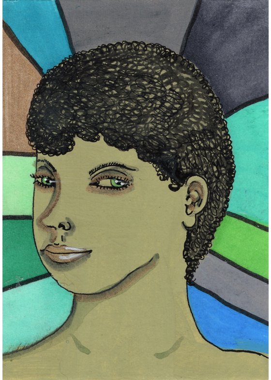 Modern Gaze Colorful Woman Portrait- ACEO original painting 2.5 x 3.5 inches