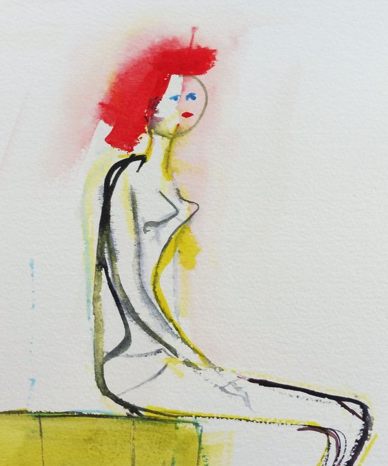 GIRL CUTE REDHEAD Sitting Sketch Study. Original Figurative Watercolour Painting.