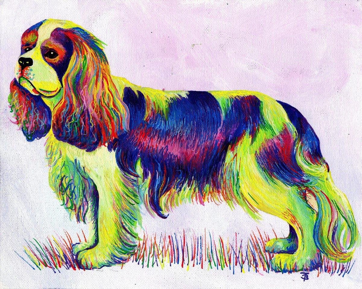 Impressionistic Animal Acrylic Painting By Tiffany Budd, 12 X 10", Rainbow King Charles Spaniel, Original Artwork
