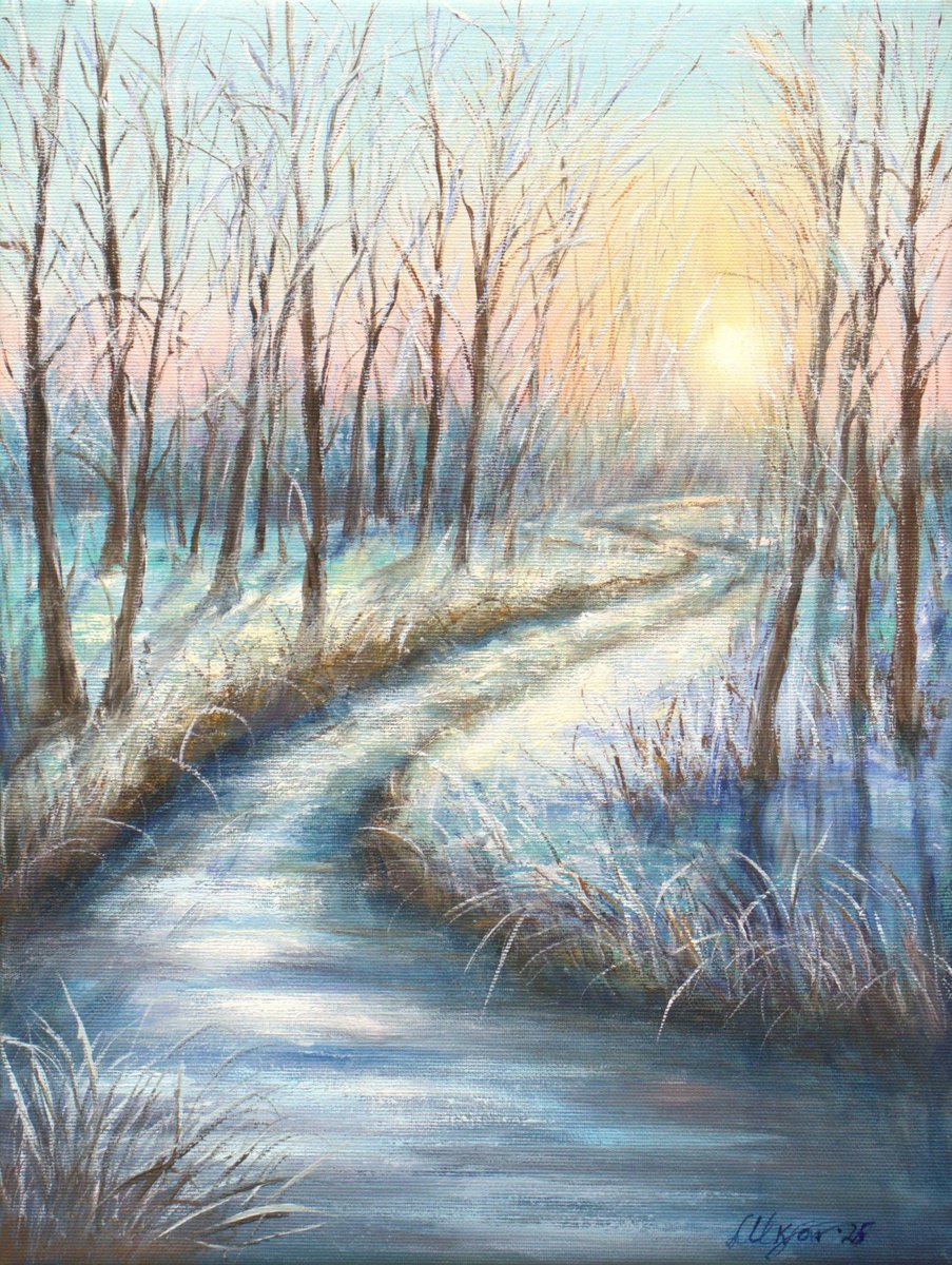 Impressionistic Landscape Oil Painting By Ludmilla Ukrow, 12 X 16", Winter Mood, Original Artwork