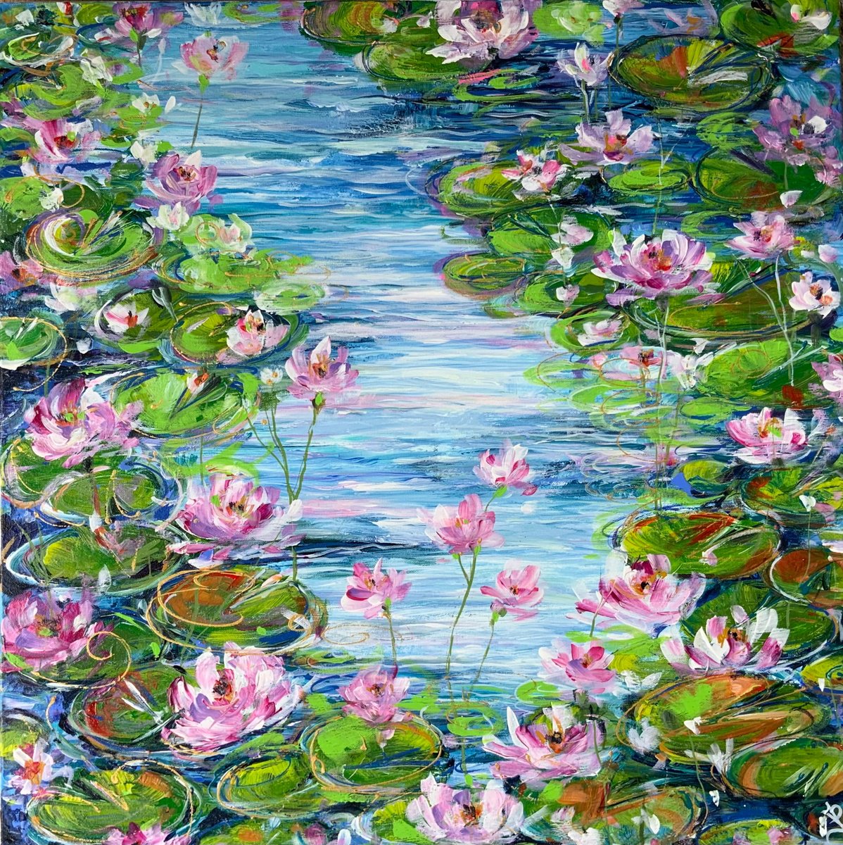 Expressive Botanical Acrylic Painting By Jan Rogers, 30 X 30, Spring Water Lilies, Original Artwork