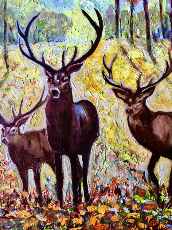 Three stags on the meadow . Best present . Gift idea . Palette knife.