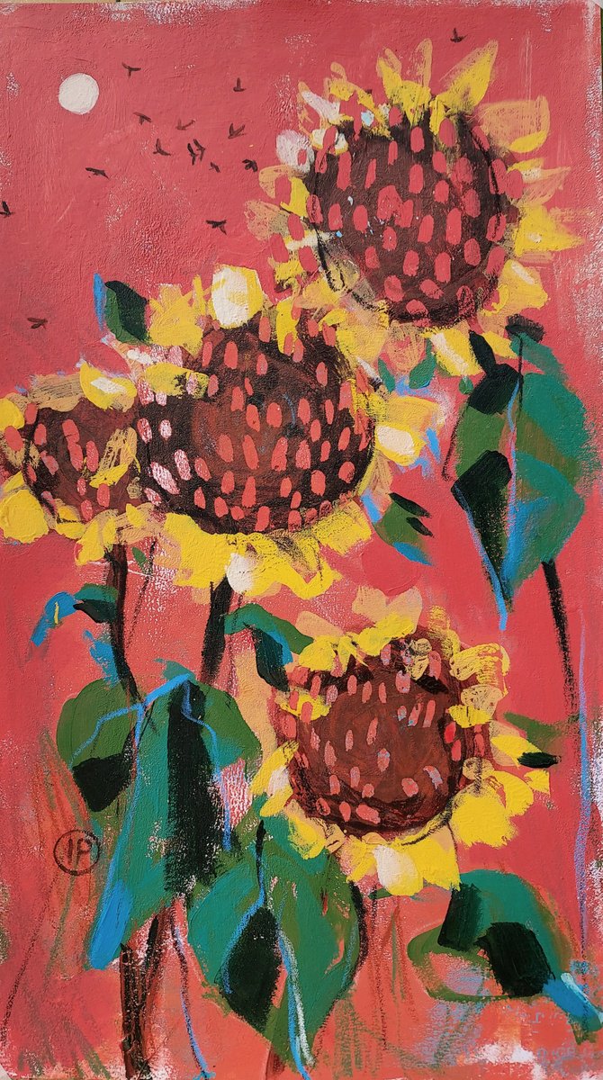 Impressionistic Botanical Acrylic Painting By Irina Plaksina, 6 X 11, Sunflowers, Original Artwork