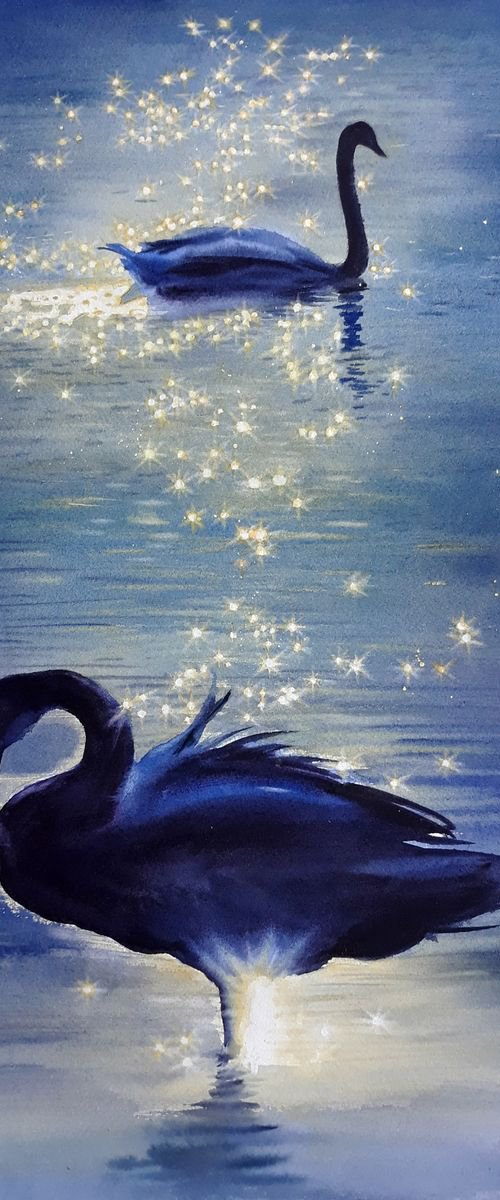 Two Swans - Swan Lake - Swan w by Olga Beliaeva Watercolour