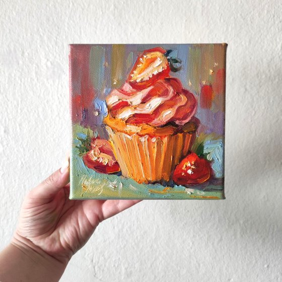 Strawberry Cupcake. Oil Painting.