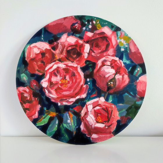 Pink Roses. Round Oil Painting