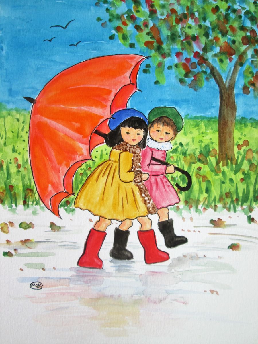 Naive Portrait Watercolour By Marjansart, 8 X 12", Little Girls And An Umbrella, Original Artwork