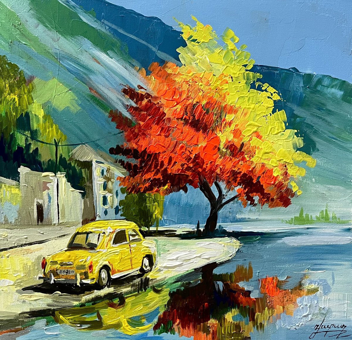 Impressionistic Landscape Oil Painting By Vahe Bagumyan, 16 X 16", Autumn Journey, Original Artwork