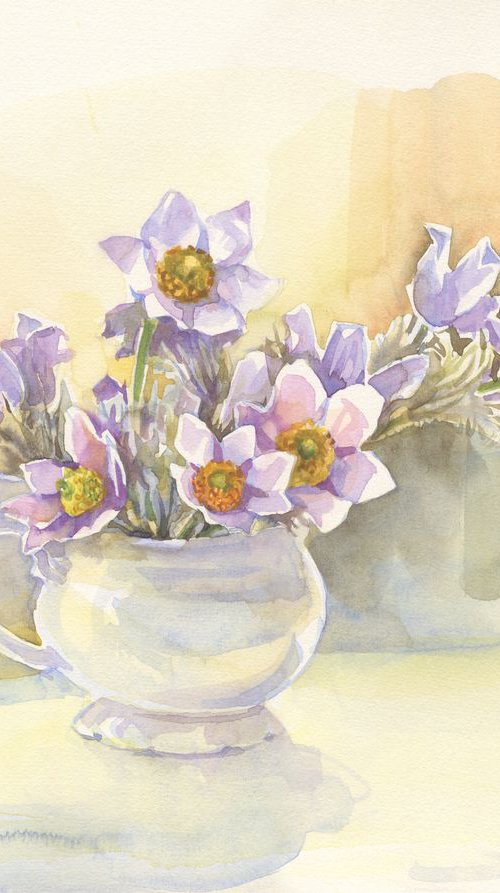 Spring flowers in the cup. Dream-grass / ORIGINAL watercolor 14x11in (38x28cm) by Olha Malko