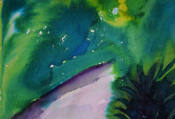 Abstract tropical trees original watercolor painting Spanish green forest