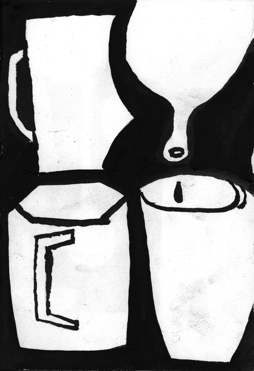 Still Life Ink Drawing By Nikola Tsvetanov, 6 X 8", "Cups", Original Artwork