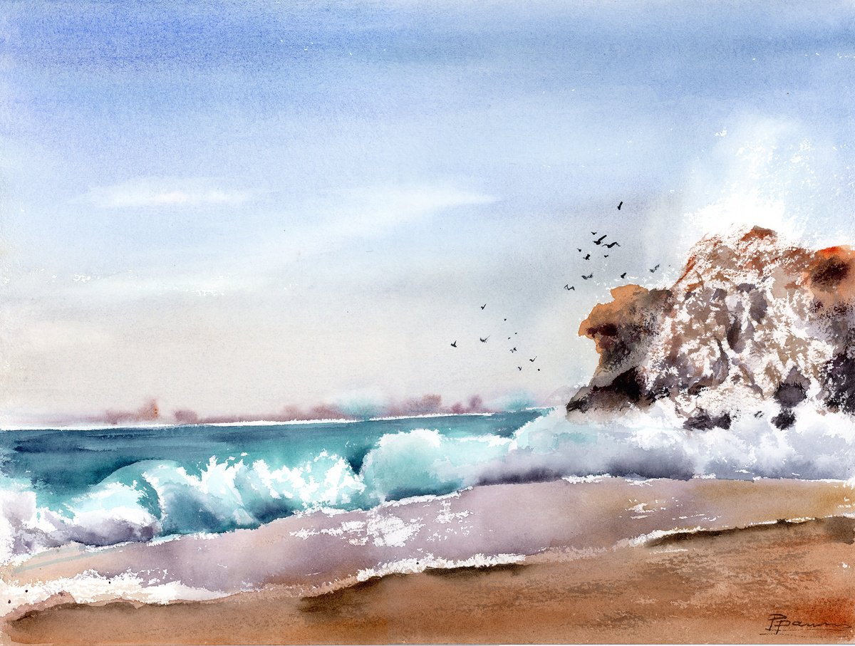 Impressionistic Watercolour , Coastline By Olga Tchefranov (Shefranov), 15 X 11, Artwork For Sale On Artfinder