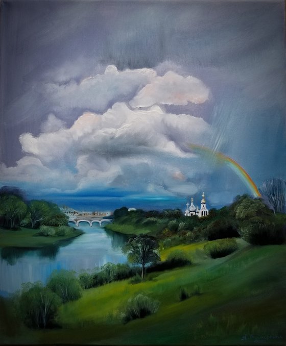 Original Oil Painting of The Church by the River. Thunderstorm. Landscape Painting. 20" x 24". 50.8 x 60.9 cm.