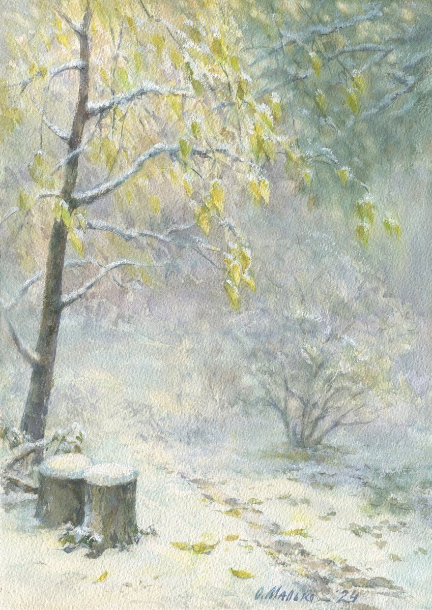 Impressionistic Landscape Watercolour By Olha Malko, 11 X 15", My Garden After First Snowfall, Original Artwork
