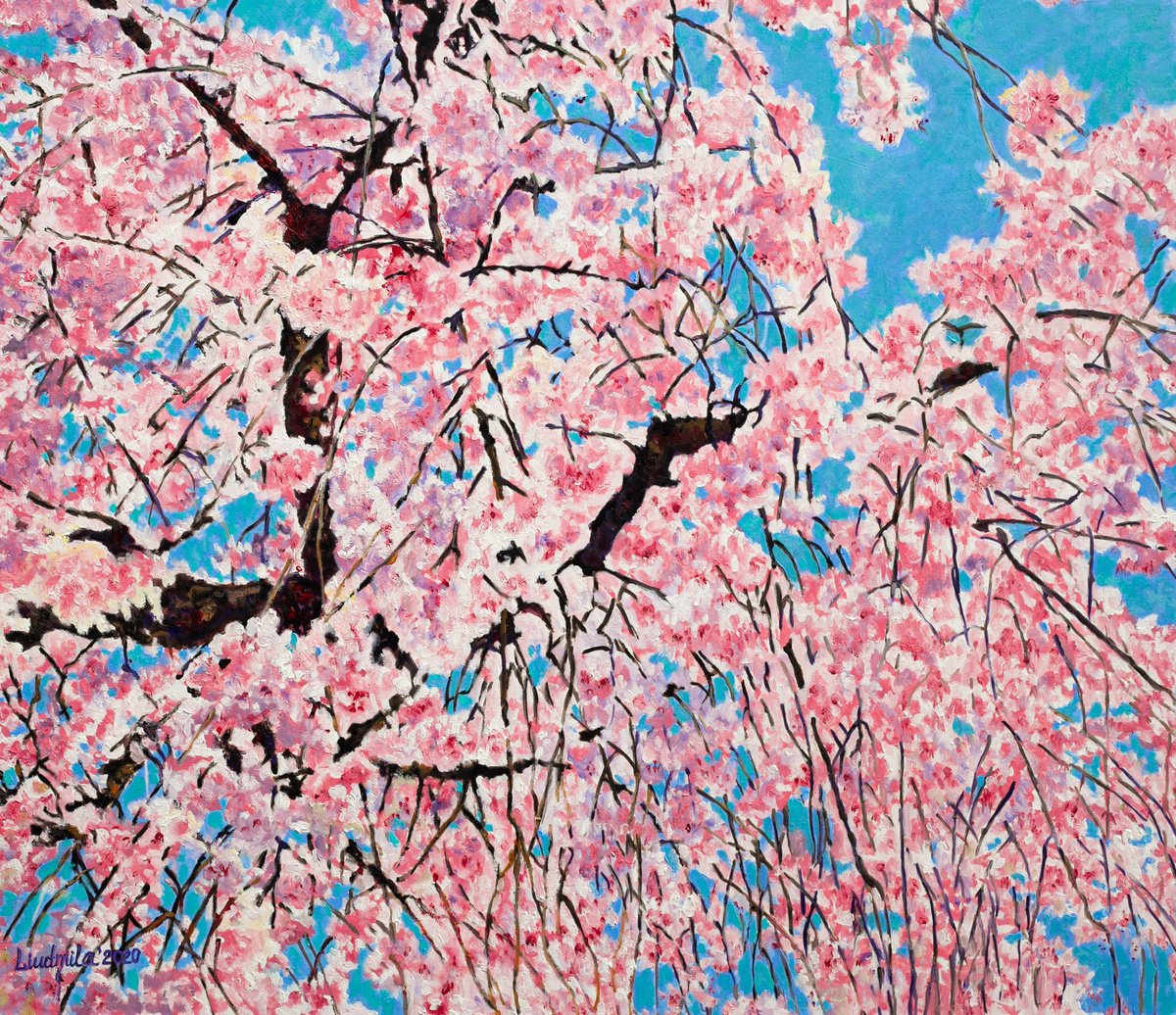 Impressionistic Botanical Oil Painting By Liudmila Pisliakova, 28 X 24", Pink Cherry Blossom, Original Artwork