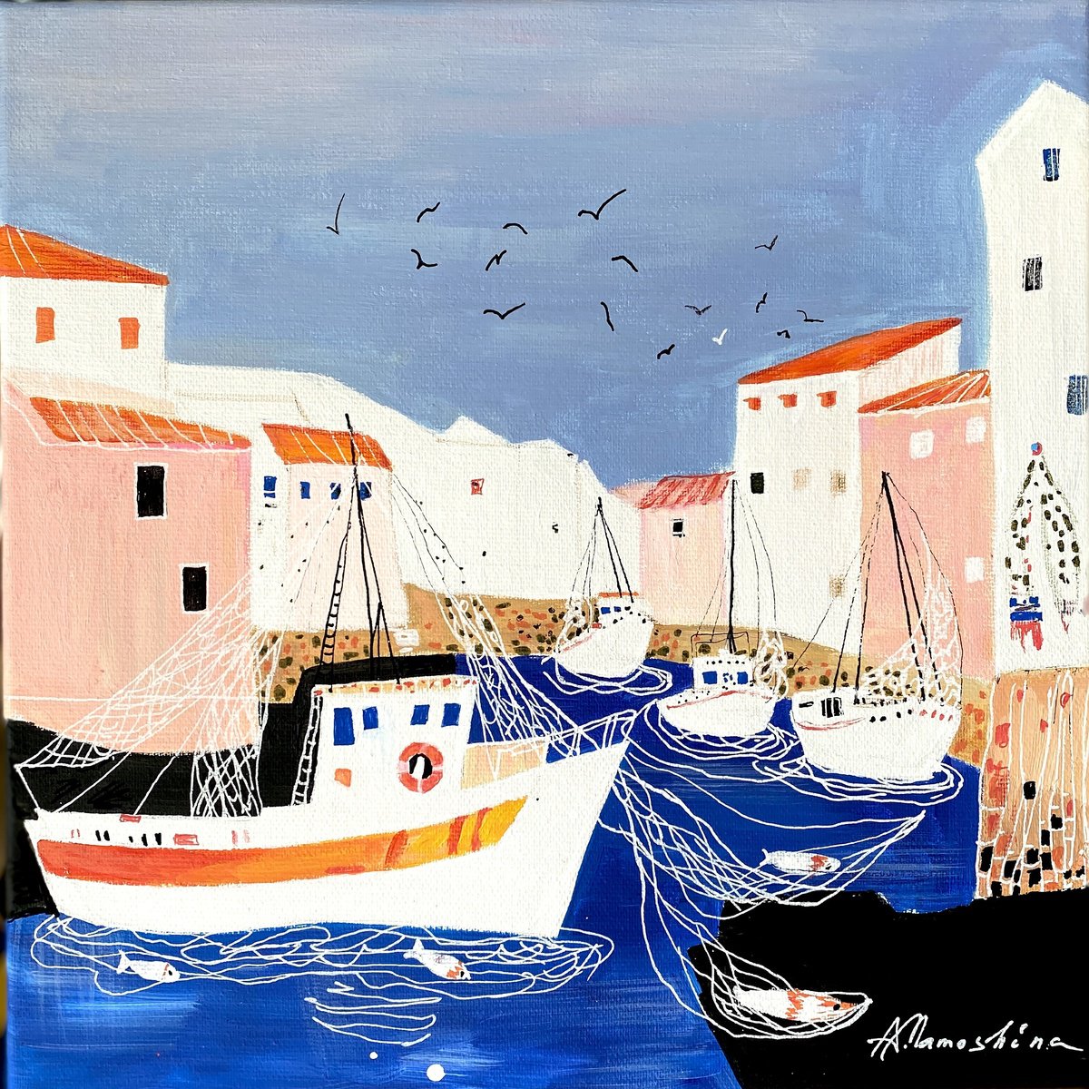 Naive Landscape Acrylic Painting By Anastasia Mamoshina, 12 X 12, Harbor Of Dreams, Original Artwork