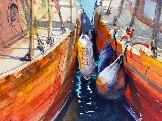 Yachts in the port. Watercolor painting