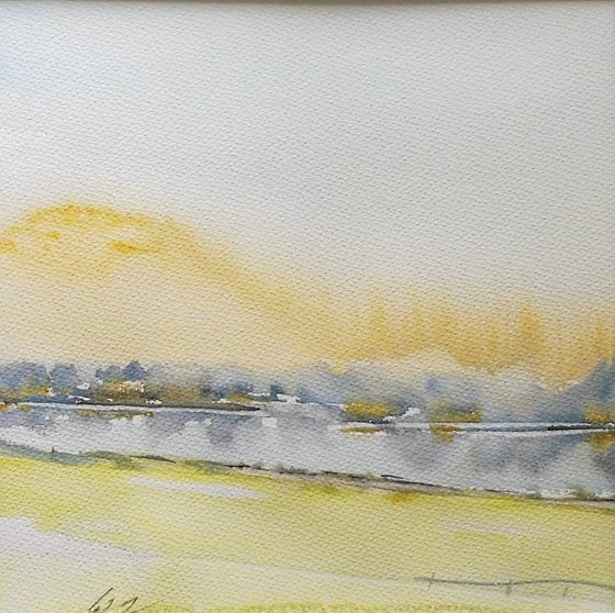 SUNRISE RIVER SEVERN, Shropshire. Impressionistic Original Landscape Watercolour Painting. With mount / mat.