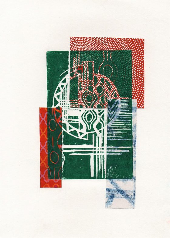 Circles no.1 linocut with collage.