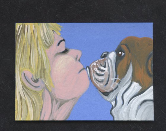 ACEO ATC Original Miniature Painting English Bulldog Pet Dog Human Love Art-Carla Smale