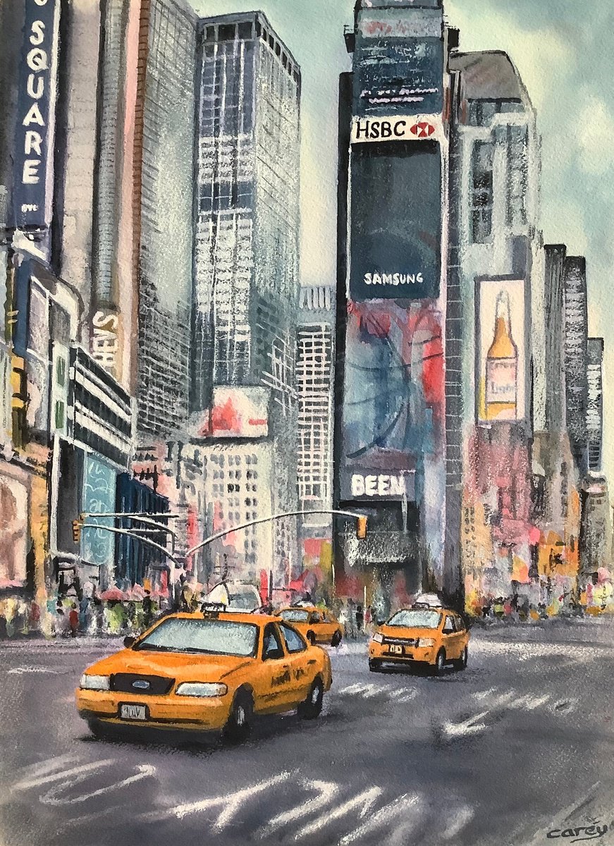 Photorealistic Cityscapes Watercolour By Darren Carey, 11 X 15, Times Square, Original Artwork