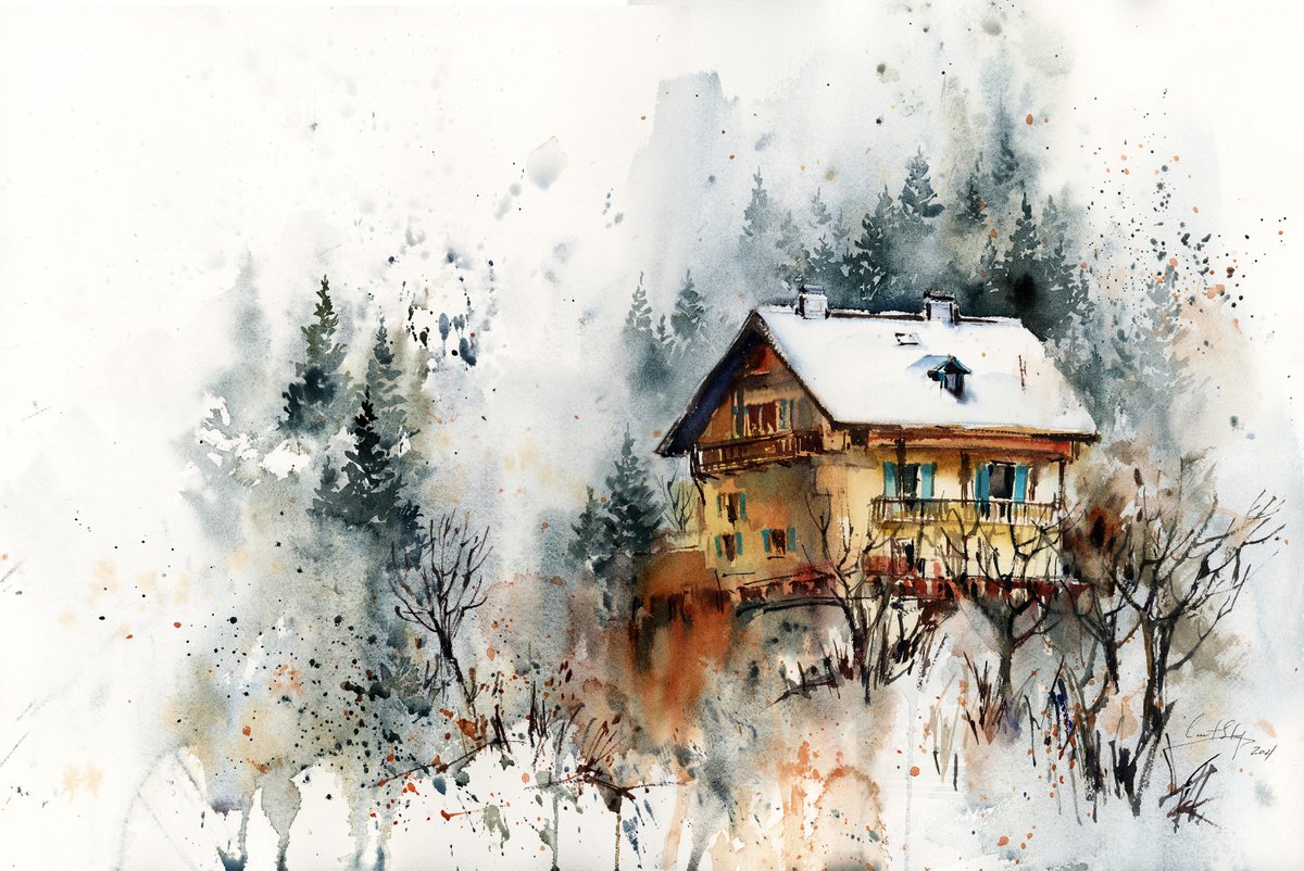 Snowy Landscape with Mountains House and Pine Trees, Austria by Sophie Rodionov