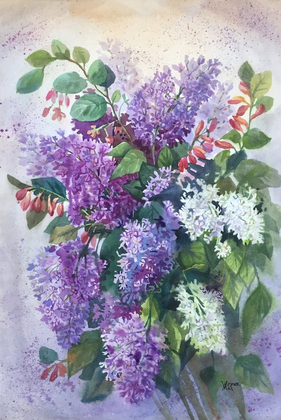 Lilac bouquet. Summer flowers painting