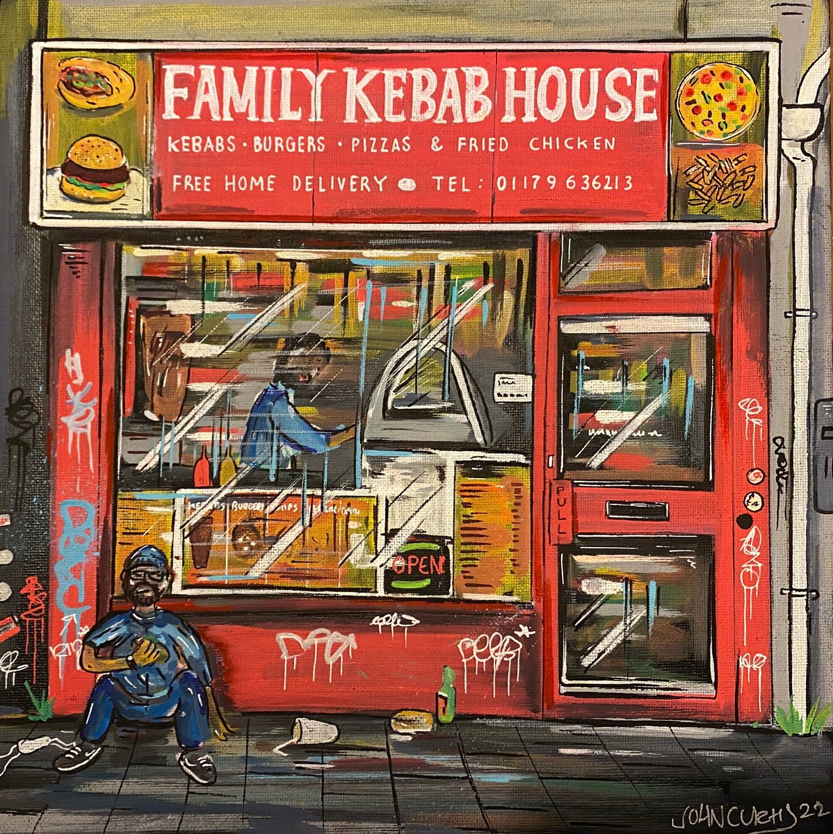 Family Kebab Shop - Original on canvas board by John Curtis