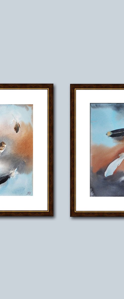 Set of 2 paintings, Flying feathers in watercolor, Blue and brown art by Yulia Evsyukova
