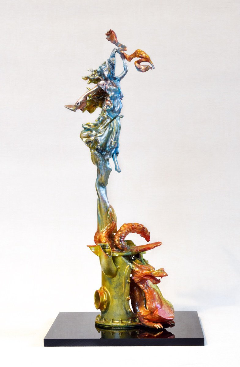 Surrealistic Portrait Sculpture By Nikolay Devnenski, 8 X 17", Red Dragon Ride, Original Artwork