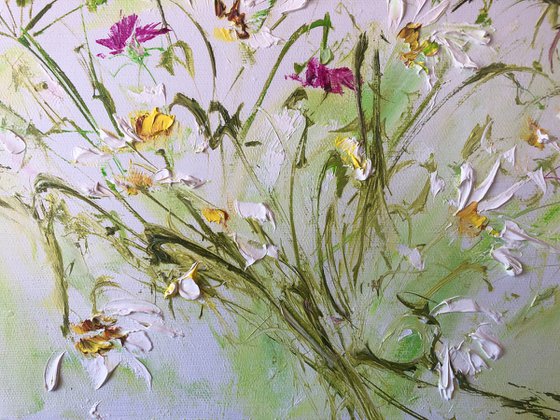 BREATH OF THE FIELDS - Delicate flowers. Daisies. Impasto. Flower painting. Abstraction. Bulk flowers. Texture.